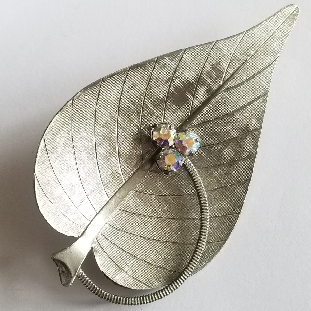 Vintage leaf brooch silver tone ab aurora borealis rhinestones pin